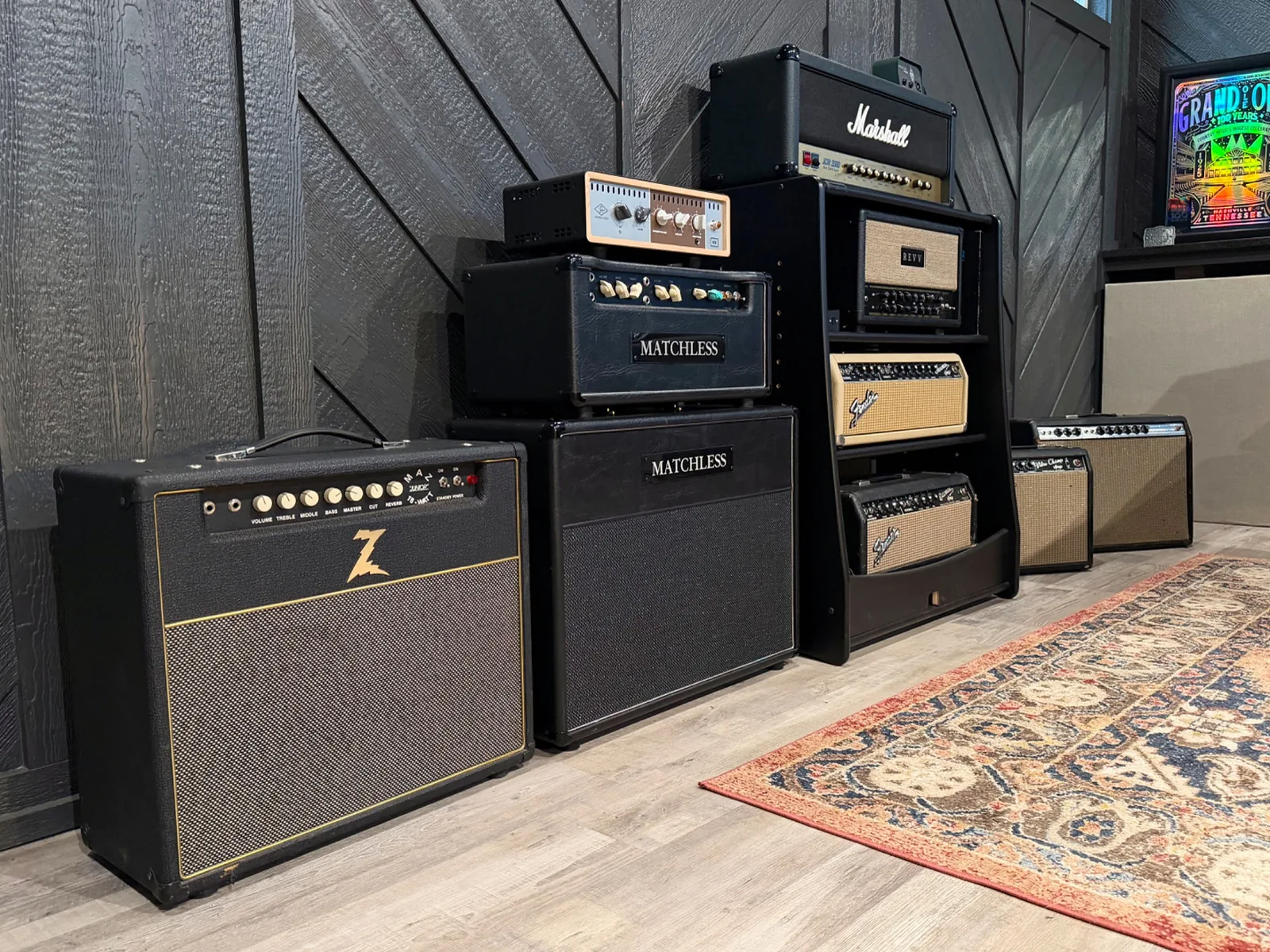 Collection of guitar amplifiers in Jeremy Moyers studio