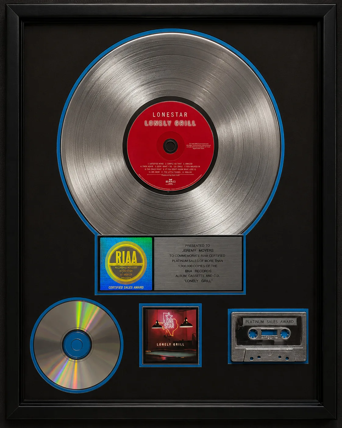 RIAA platinum sales award presented to Jeremy Moyers for Lonestar Lonely Grill